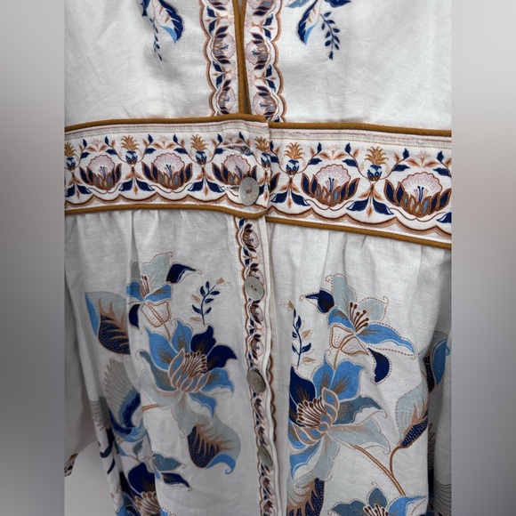 Farm Rio Mystic Blue Lotus Placed Print Long Sleeve Linen Blend Maxi Dress - Picture 14 of 16